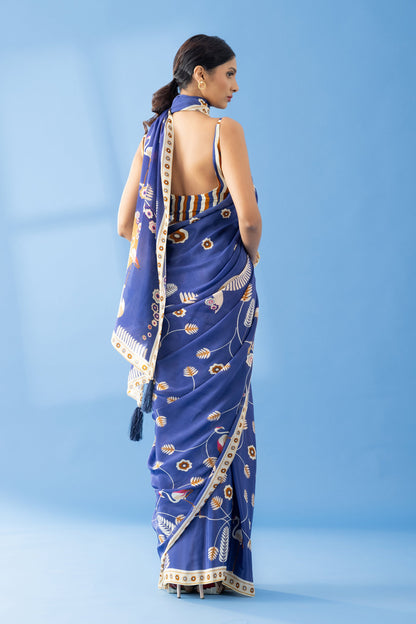 Berry Blue Classic Charm Printed Crepe Saree