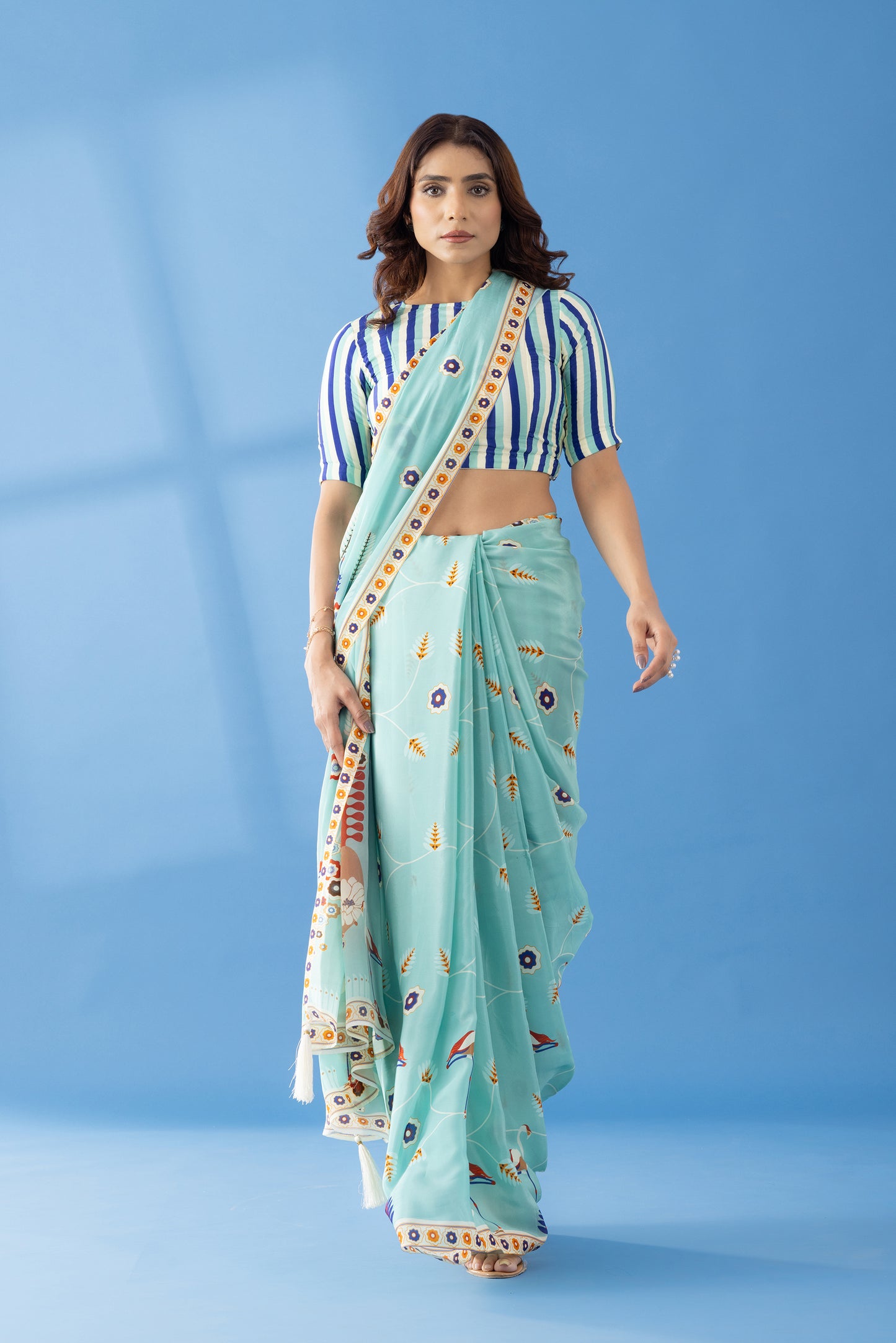 Sky Blue Classic Charm Printed Crepe Saree