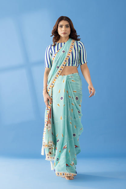 Sky Blue Classic Charm Printed Crepe Saree