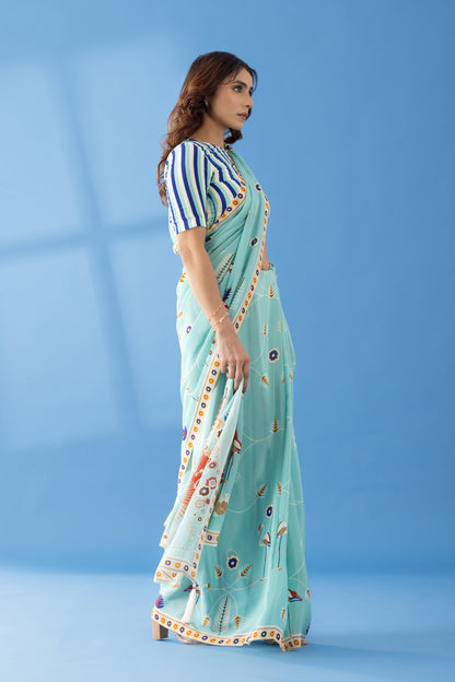 Sky Blue Classic Charm Printed Crepe Saree