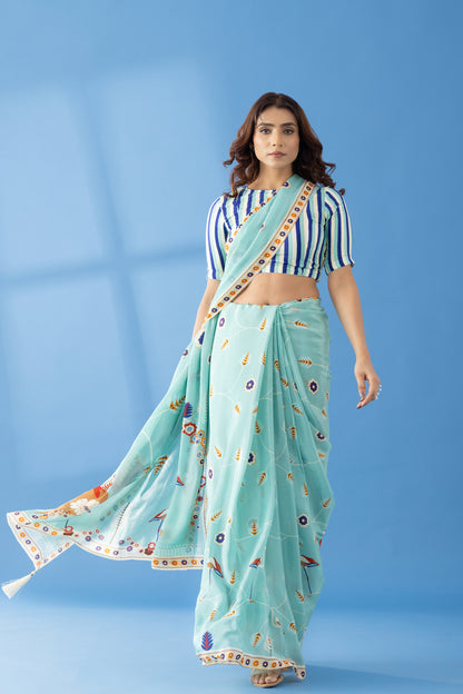 Sky Blue Classic Charm Printed Crepe Saree