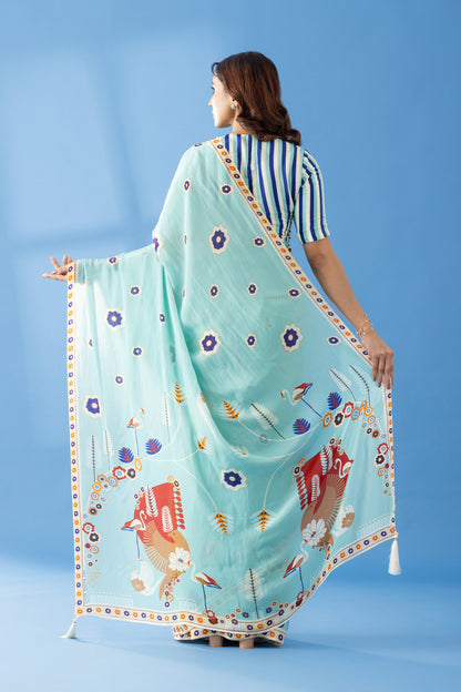 Sky Blue Classic Charm Printed Crepe Saree