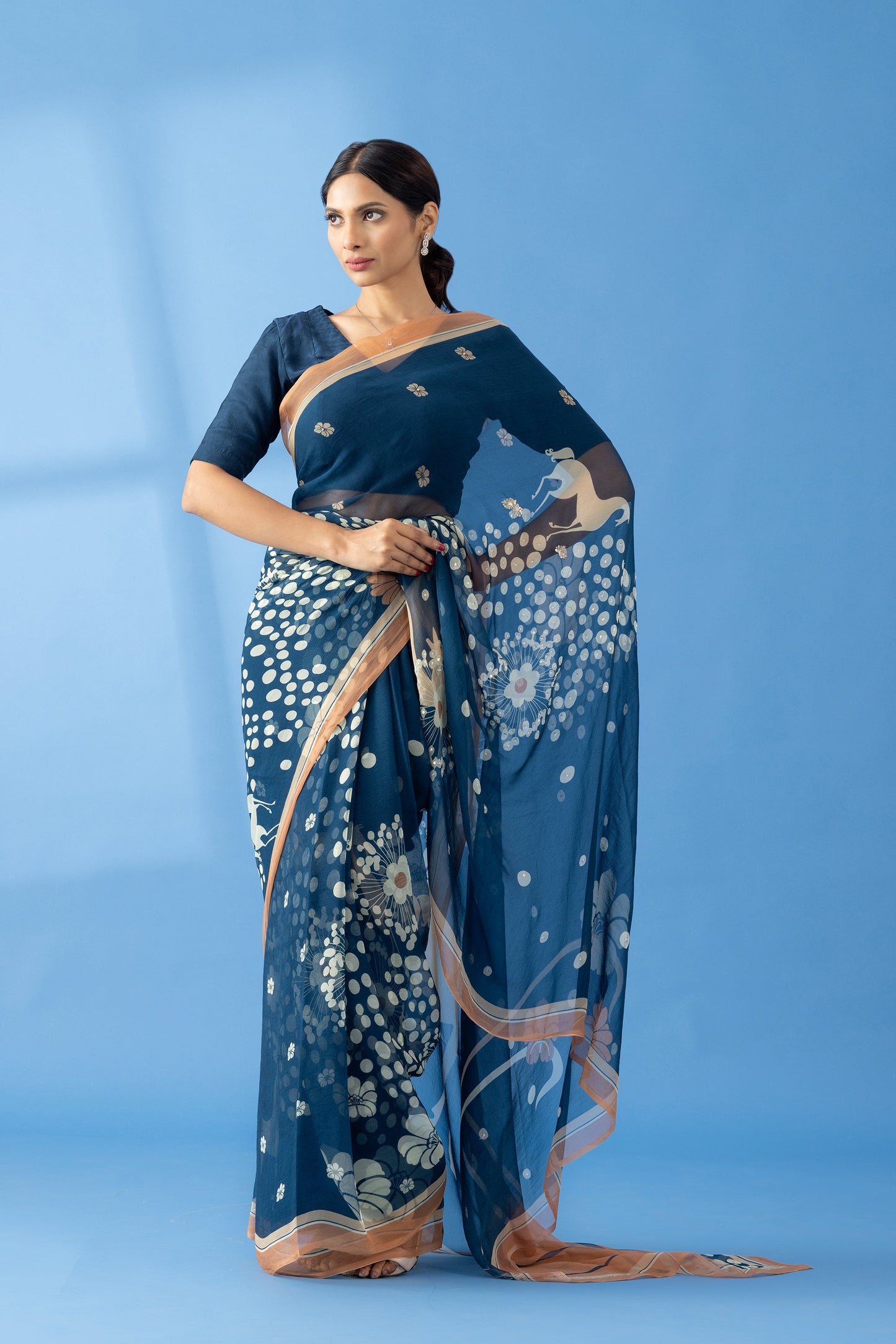 Mystical Forest Navy Printed & Embroidered Chiffon Saree