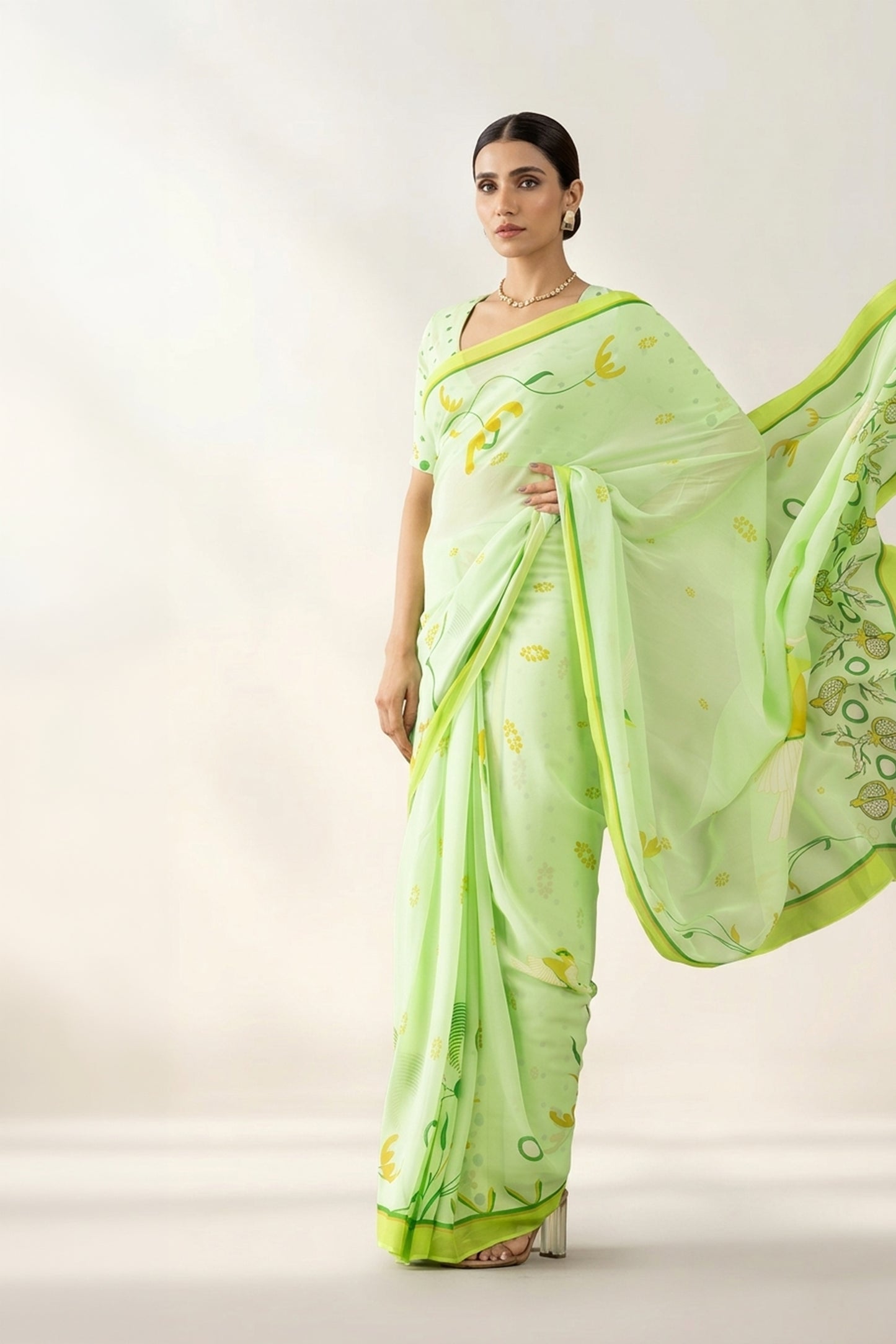 Light Green Floral Printed Georgette Saree