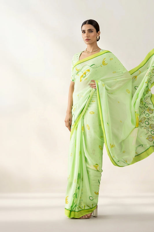 Light Green Floral Printed Georgette Saree