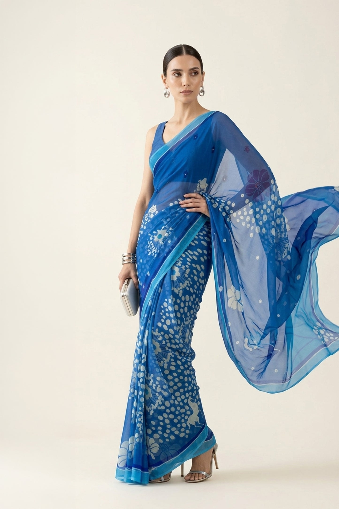 Mystical Forest Cobalt Blue Printed & Embroidered Chiffon Saree