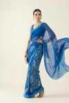 Mystical Forest Cobalt Blue Printed & Embroidered Chiffon Saree