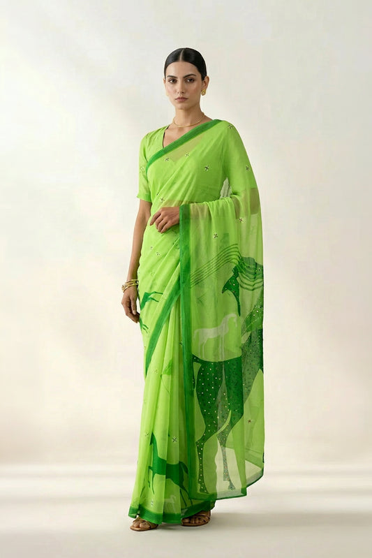 Graceful Charms Macha Green Printed & Embroidered Chiffon Saree