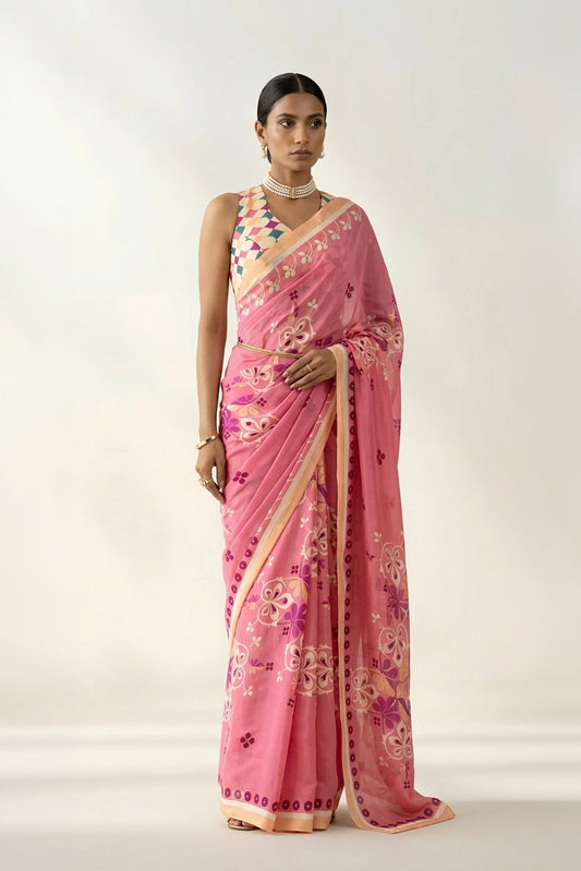 Coral Pink Floral Printed & Embroidered Crepe Designer Saree