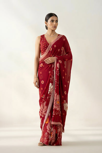 Heavenly Blooms Red Printed & Embroidered Georgette Saree
