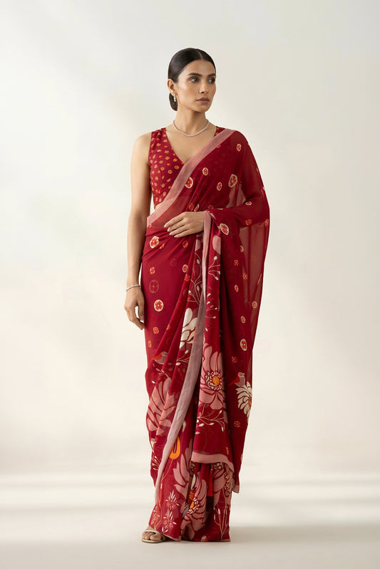 Heavenly Blooms Red Printed & Embroidered Georgette Saree