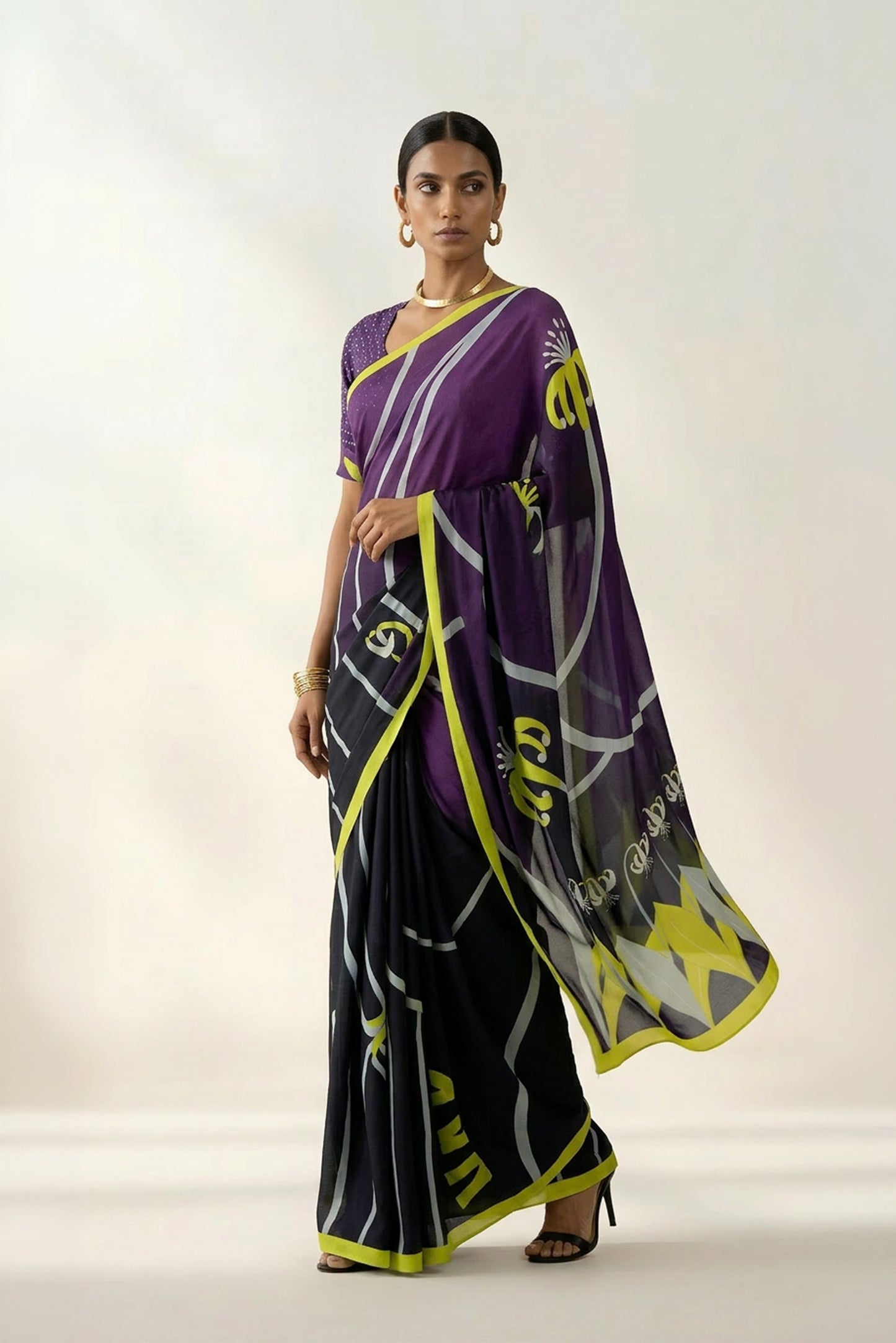 Floral Swirl Printed Satin Georgette Saree