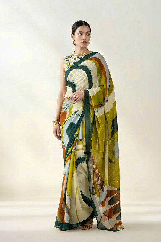 Whimsical Swirls Light Olive Printed & Embroidered Georgette Saree
