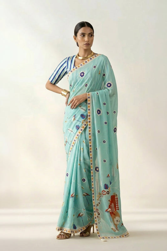 Sky Blue Classic Charm Printed Crepe Saree
