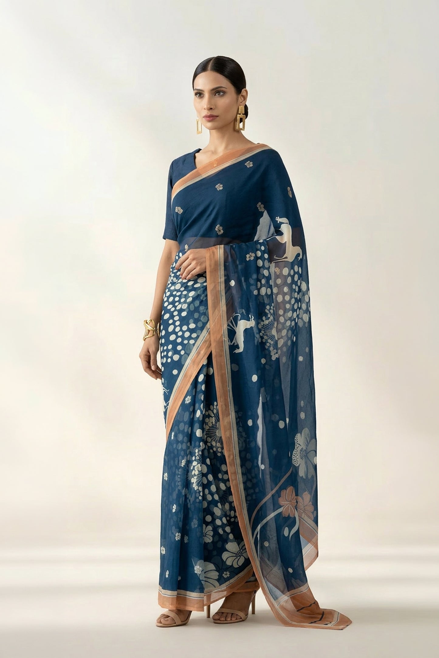 Mystical Forest Navy Printed & Embroidered Chiffon Saree