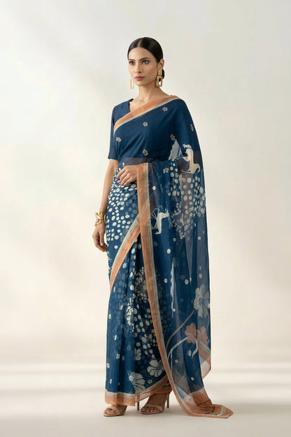 Mystical Forest Navy Printed & Embroidered Chiffon Saree