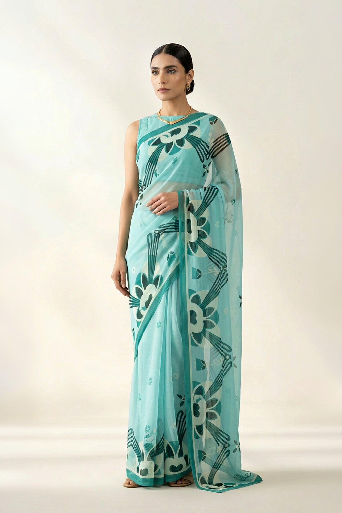 Majestic Peaks Sea Blue Printed Chiffon Saree