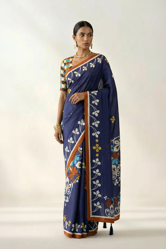 Navy Floral Printed & Embroidered Crepe Festive Saree