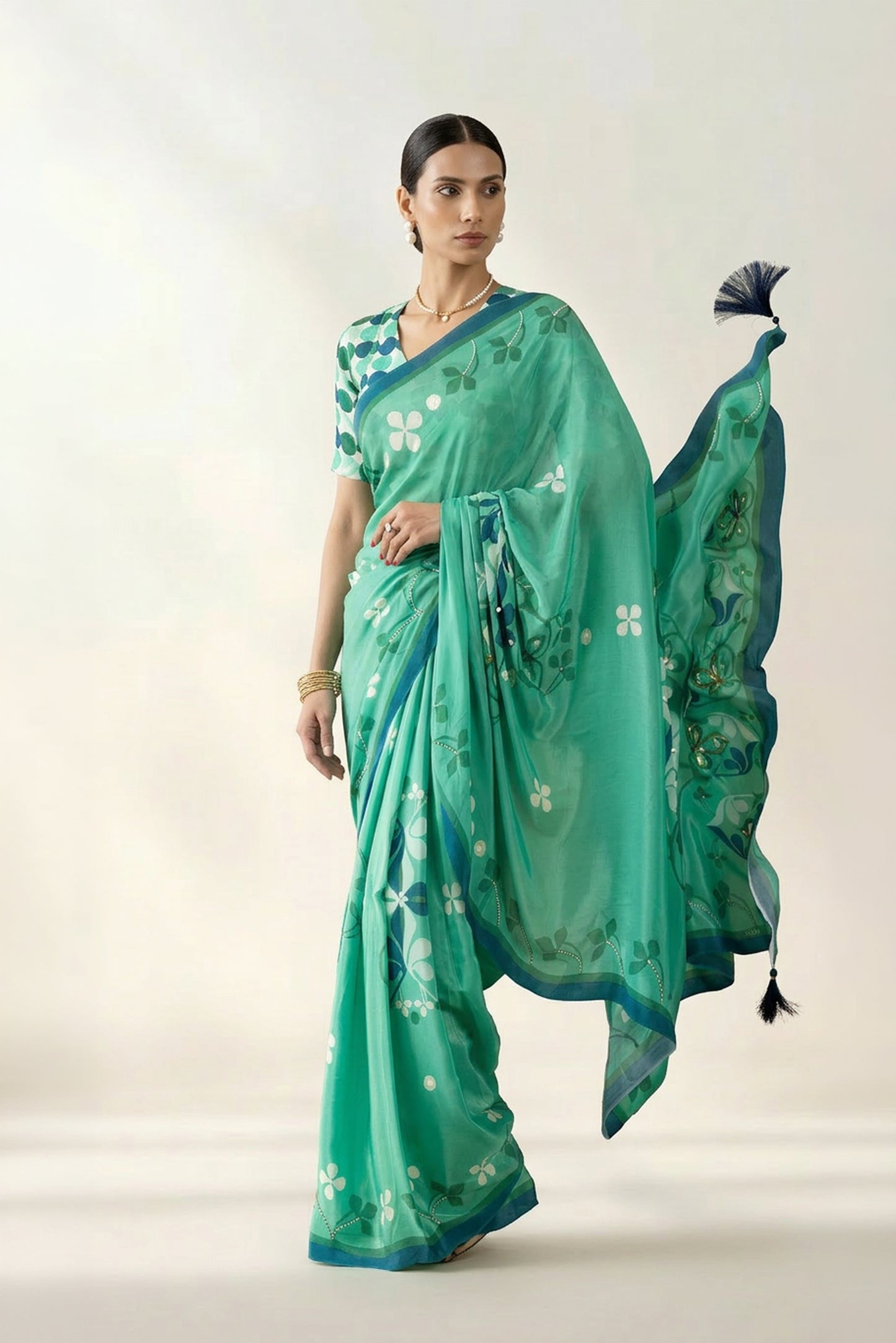 Sea Green Floral Printed & Embroidered Crepe Festive Saree