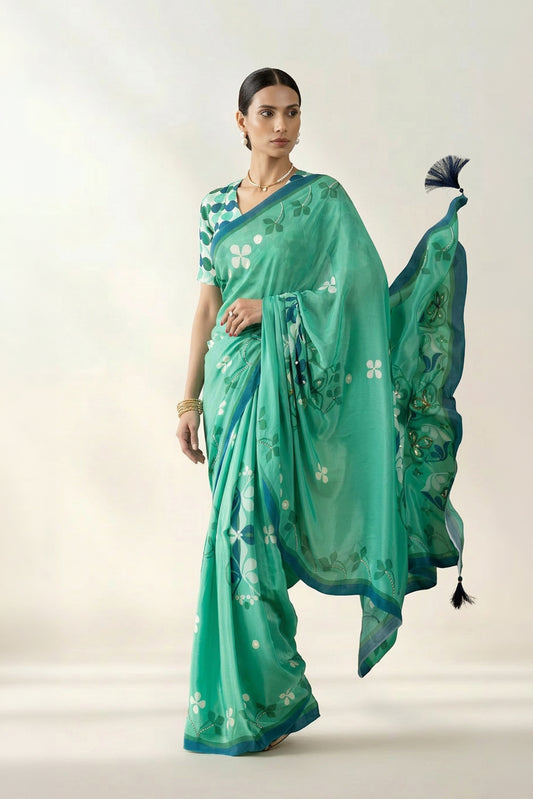 Sea Green Floral Printed & Embroidered Crepe Festive Saree