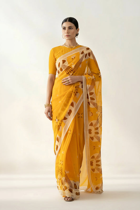 Majestic Peaks Mustard Printed Chiffon Saree
