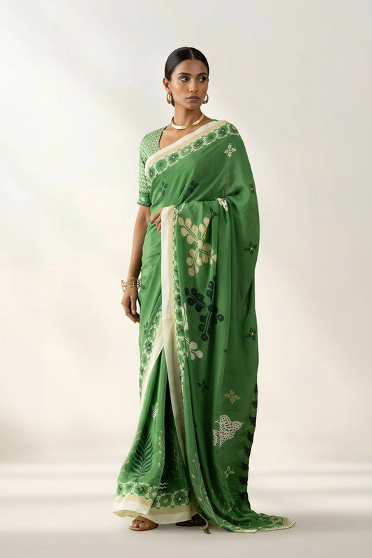 Basil Green Printed & Embroidered Crepe Designer Saree