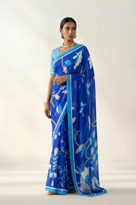 Timeless Garden Indigo Printed & Embroidered Georgette Saree