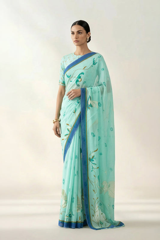 Mint Floral Printed Georgette Saree