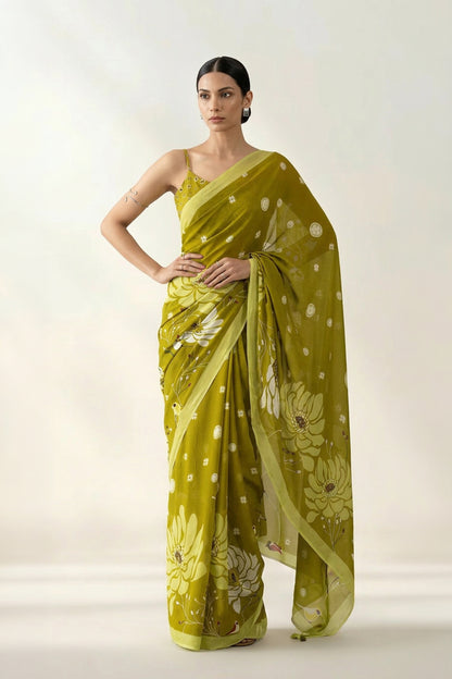 Heavenly Blooms Light Olive Printed & Embroidered Georgette Saree