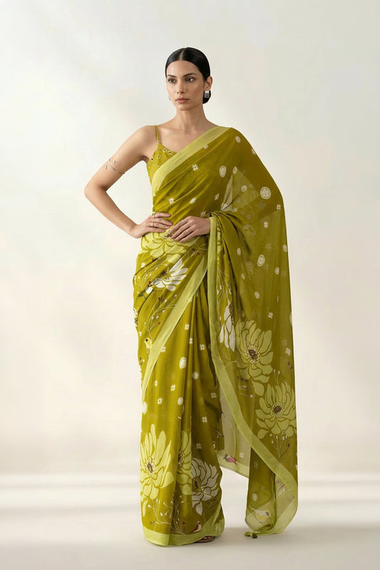 Heavenly Blooms Light Olive Printed & Embroidered Georgette Saree