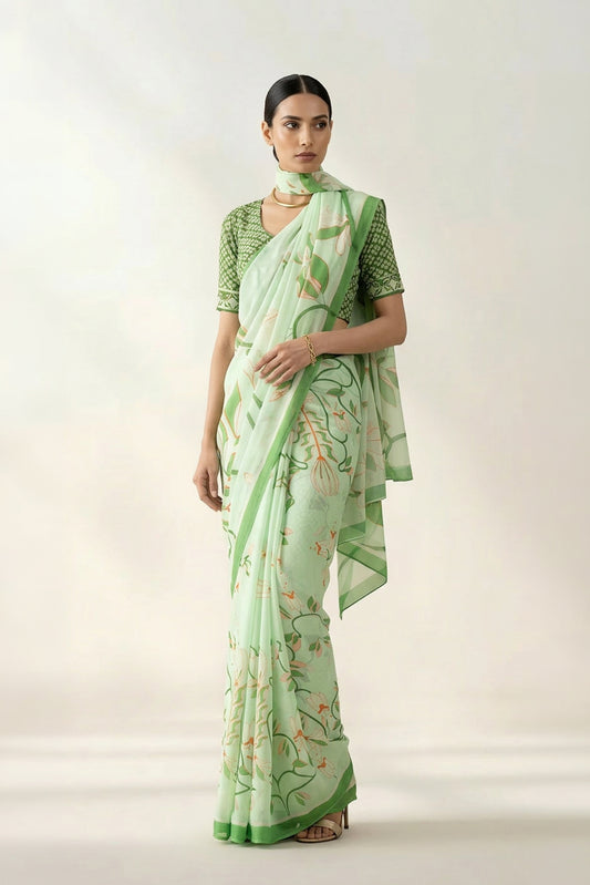 Timeless Garden Pastel Green Printed & Embroidered Georgette Saree