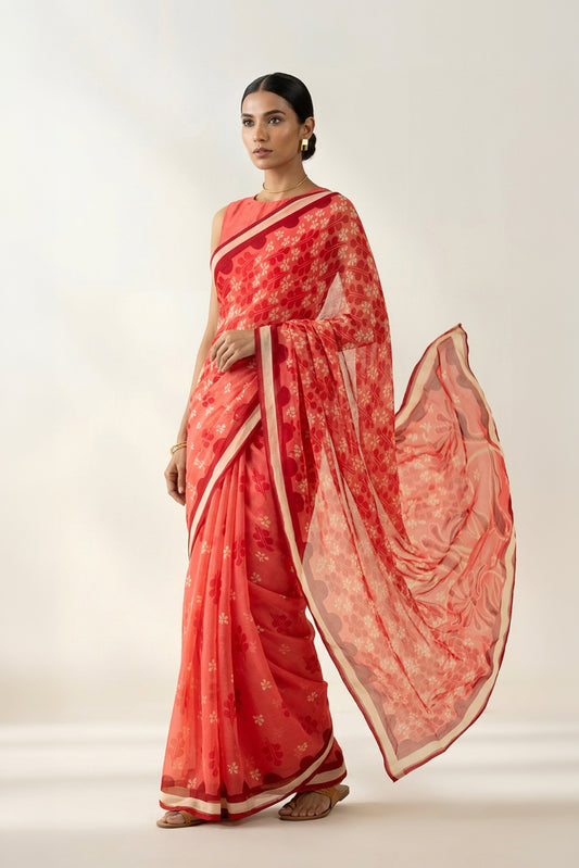 Watermelon Pink Petal Shower Printed Chiffon Saree