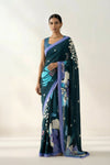 Midnight Blue Floral Printed & Embroidered Crepe Party Wear Saree