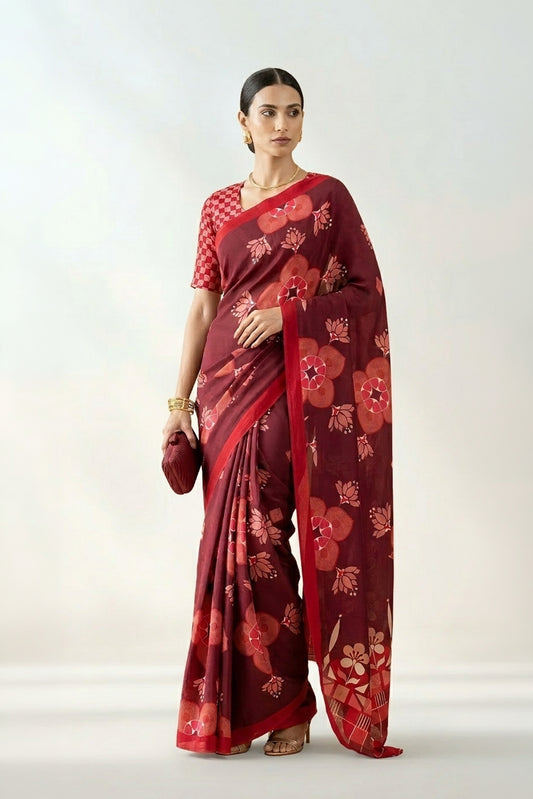 Maroon Lotus Floral Printed Crepe Designer Saree