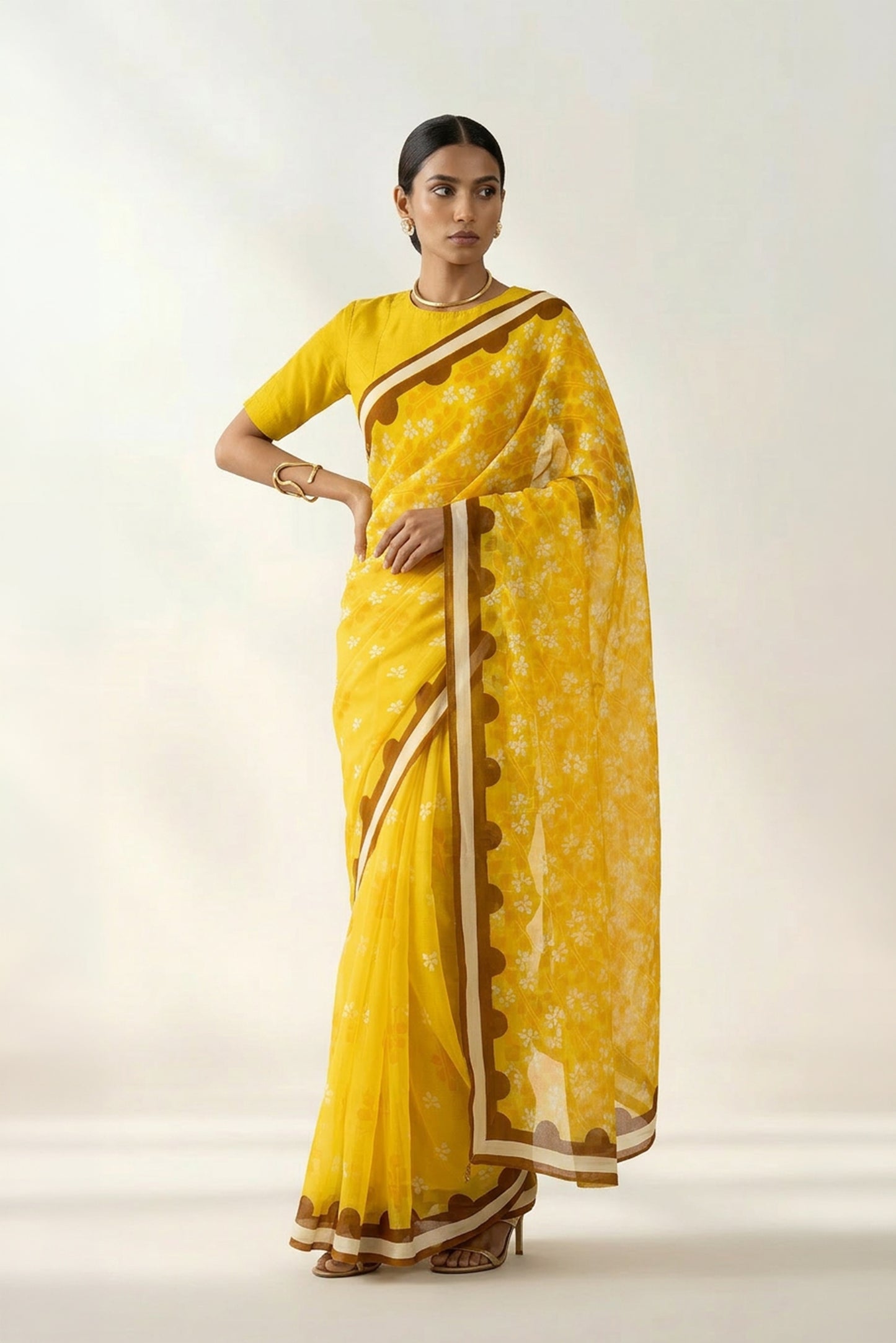 Yellow Petal Shower Printed Chiffon Saree