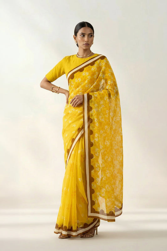 Yellow Petal Shower Printed Chiffon Saree