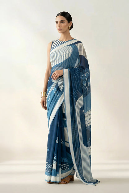 Slate Grey Abstract Printed Georgette Saree