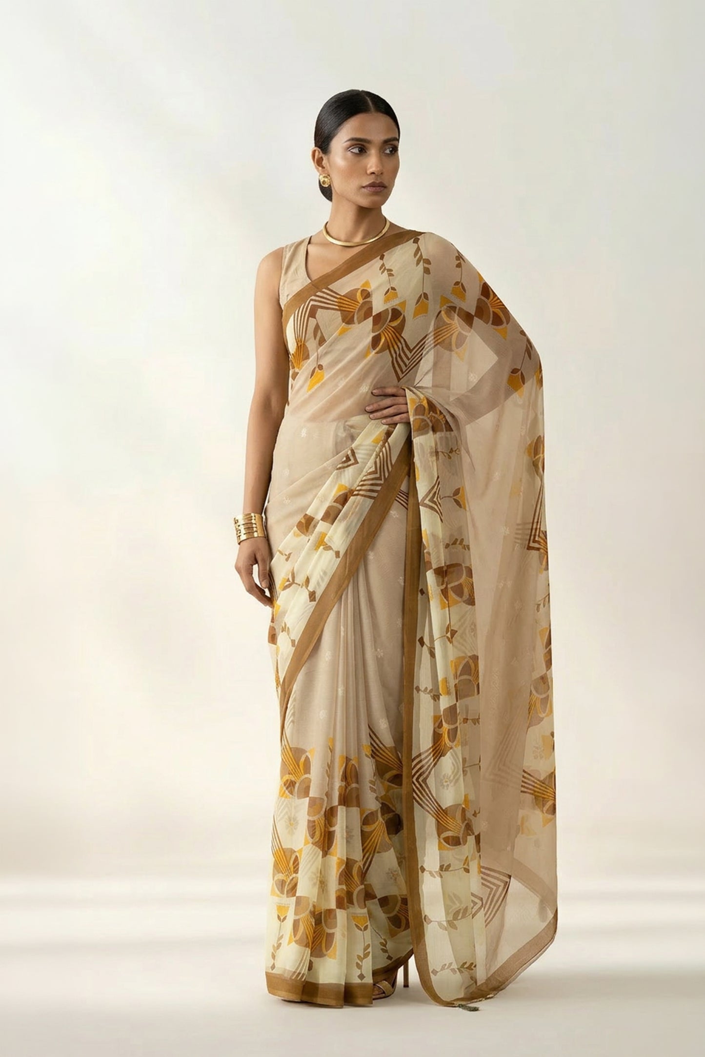 Desert Mirage Beige Printed Chiffon Saree