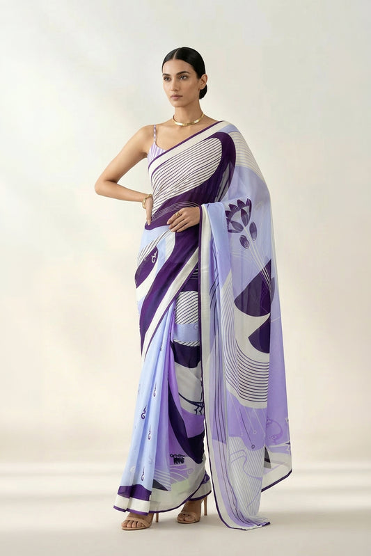 Deep Purple Abstract Printed Georgette Saree