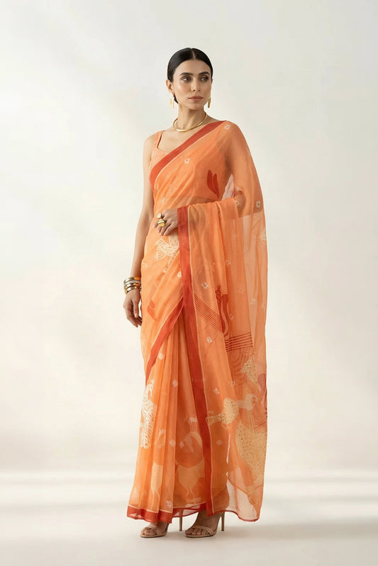 Graceful Charms Peach Fuzz Printed & Embroidered Chiffon Saree