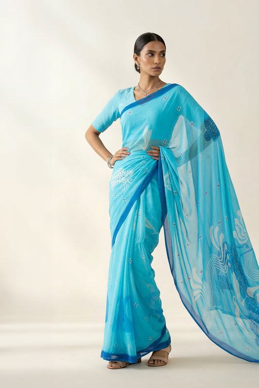 Graceful Charms Light Blue Printed & Embroidered Chiffon Saree