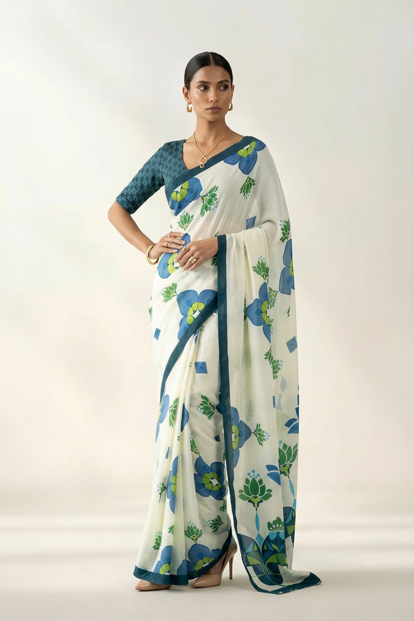 Ivory Lotus Floral Printed Crepe Designer Saree