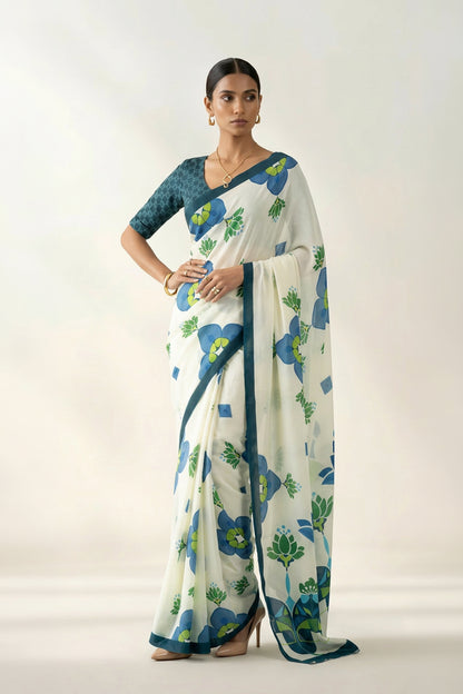 Ivory Lotus Floral Printed Crepe Designer Saree