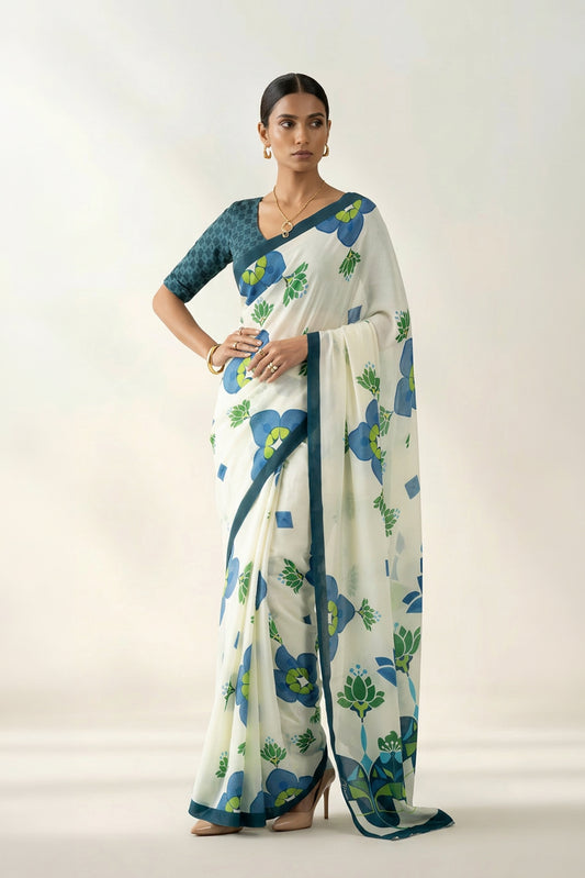 Ivory Lotus Floral Printed Crepe Designer Saree