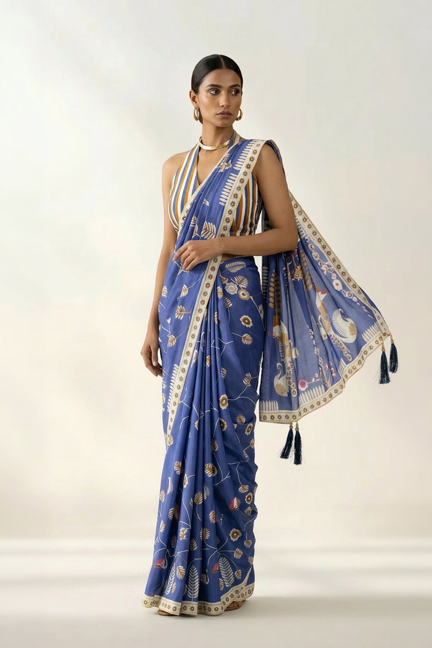 Berry Blue Classic Charm Printed Crepe Saree