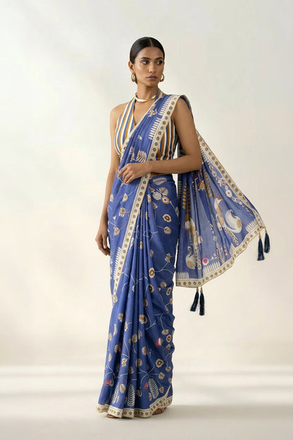 Berry Blue Classic Charm Printed Crepe Saree