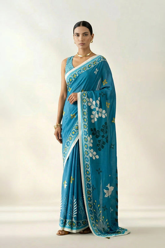 Smoky Blue Printed & Embroidered Crepe Designer Saree