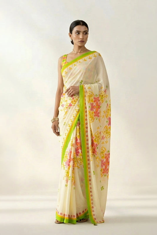 Cream Floral Printed & Embroidered Crepe Designer Saree