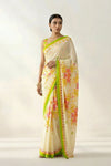 Cream Floral Printed & Embroidered Crepe Designer Saree