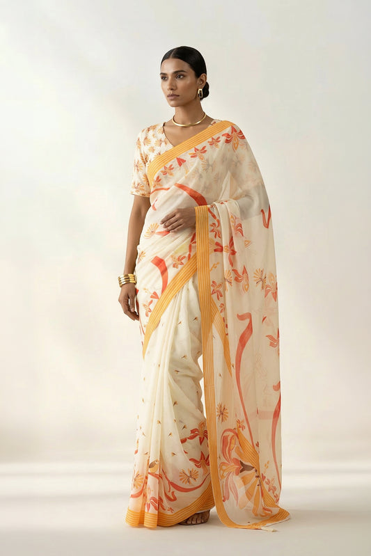 Kaleidoscope Carnival Ivory Printed Georgette Saree